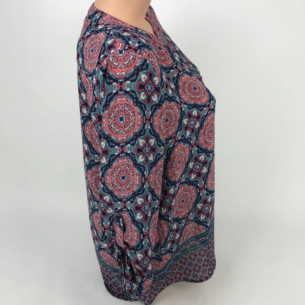 Pink Rose Boho Tribal Tie Dye Print Short Sleeve Top V-Neck 3/4 Sleeve Blouse L - Picture 4 of 6